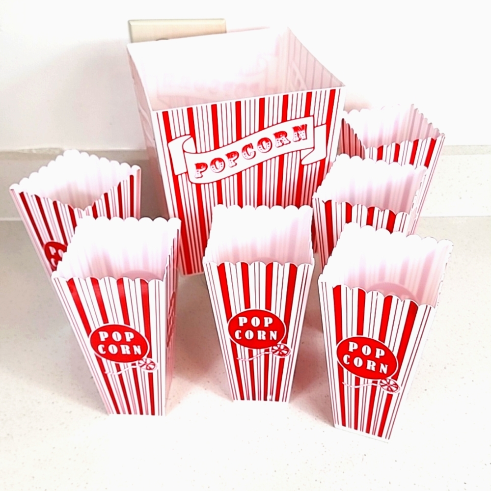 Reusable popcorn set. 1 large bucket and 6 individual serving containers